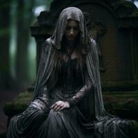 a woman in a gothic dress sitting on a tombstone generative ai photo