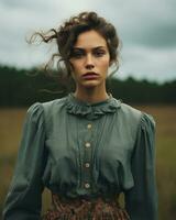 a woman in a green shirt and skirt standing in the middle of a field generative ai photo