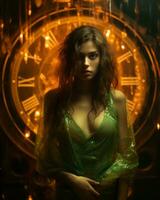 a woman in a green dress standing in front of a large clock generative ai photo