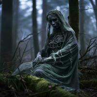 a woman in a green dress sitting on the ground in the woods generative ai photo