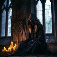 a woman in a grim costume sits in front of candles generative ai photo