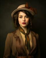 a woman in a hat and jacket posing for the camera generative ai photo