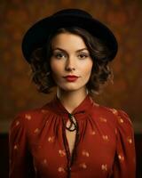 a woman in a hat and red dress posing for the camera generative ai photo