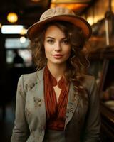 a woman in a hat and jacket posing for the camera generative ai photo