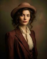 a woman in a hat and jacket posing for a portrait generative ai photo