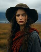 a woman in a hat and scarf standing in a field generative ai photo