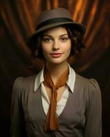 a woman in a hat and suit posing for the camera generative ai photo