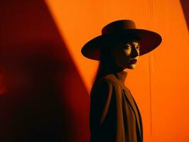 a woman in a hat standing in front of an orange wall generative ai photo