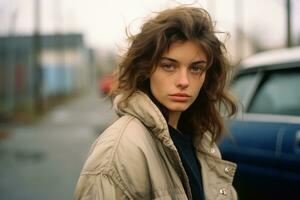 a woman in a jacket standing in front of a car generative ai photo