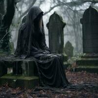 a woman in a hooded robe sitting on a tombstone generative ai photo