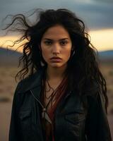 a woman in a leather jacket standing in the desert generative ai photo