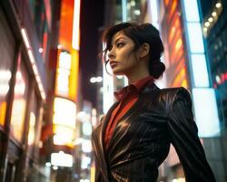 a woman in a leather jacket standing in the middle of a city street at night generative ai photo