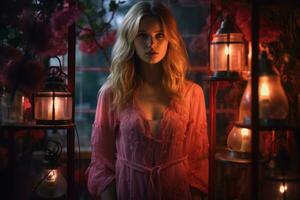 a woman in a pink dress standing in front of candles generative ai photo