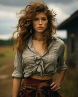 a woman in a plaid skirt and shirt standing in front of a barn generative ai photo