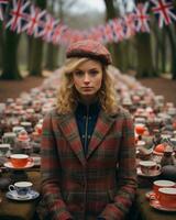 a woman in a plaid jacket and hat sitting in front of a table full of tea cups and saucers generative ai photo