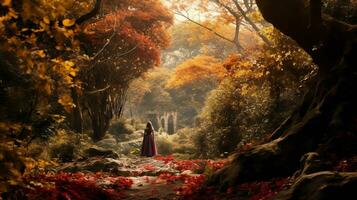 un mujer en un púrpura vestir en pie en el medio de un otoño bosque generativo ai foto