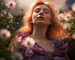 a woman in a purple dress is surrounded by dandelions generative ai photo