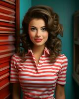 a woman in a red and white striped shirt generative ai photo