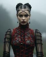 a woman in a red and black gothic outfit generative ai photo