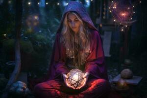 a woman in a red cloak is holding a ball in the woods generative ai photo