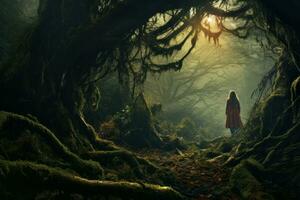 a woman in a red cloak stands in the middle of a dark forest generative ai photo