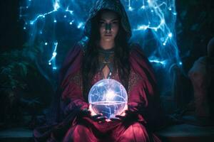 a woman in a red dress holding a crystal ball generative ai photo