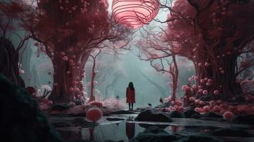 a woman in a red coat stands in the middle of a forest generative ai photo