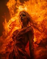 a woman in a red dress is surrounded by flames generative ai photo