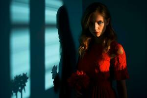 a woman in a red dress is standing in front of a blue wall generative ai photo