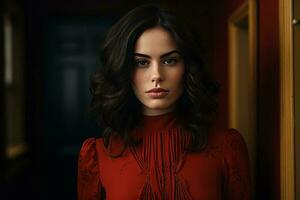 a woman in a red dress standing in front of a door generative ai photo