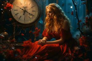 a woman in a red dress sitting in front of an old clock generative ai photo