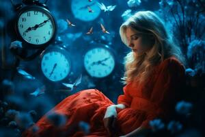 a woman in a red dress sitting in front of a bunch of clocks generative ai photo