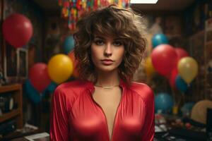 a woman in a red dress standing in front of balloons generative ai photo