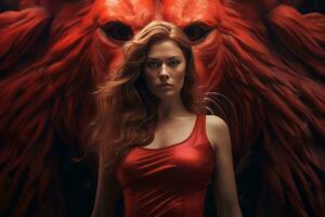 a woman in a red dress standing in front of a lion generative ai photo
