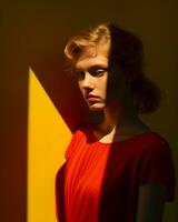 a woman in a red dress standing in front of a yellow wall generative ai photo