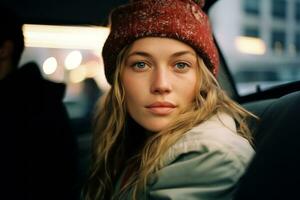 a woman in a red hat sitting in the back seat of a car generative ai photo