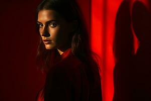 a woman in a red dress standing in front of a red curtain generative ai photo
