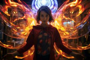 a woman in a red jacket is surrounded by fire generative ai photo