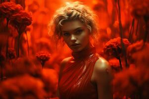 a woman in a red dress surrounded by red flowers generative ai photo