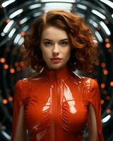 a woman in a red latex dress standing in front of an orange background generative ai photo