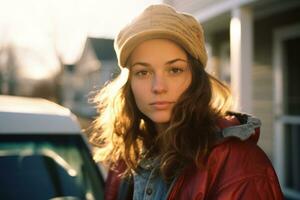 a woman in a red jacket and hat standing in front of a car generative ai photo