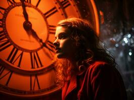 a woman in a red jacket looking at a large clock generative ai photo