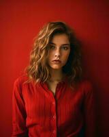 a woman in a red shirt against a red wall generative ai photo