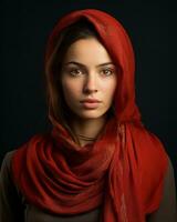 a woman in a red scarf on a dark background generative ai photo