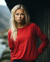 un mujer en un rojo camisa generativo ai foto