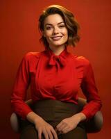 a woman in a red shirt sitting on a chair generative ai photo