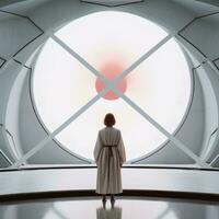 a woman in a robe stands in front of a large circular window generative ai photo