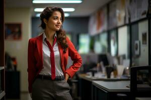 a woman in a red suit and tie standing in an office generative ai photo