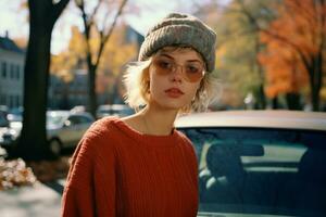 a woman in a red sweater and sunglasses standing next to a car generative ai photo