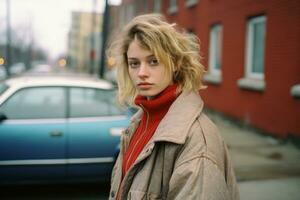 a woman in a red sweater standing in front of a car generative ai photo